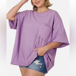 ZENANA Oversized Raw Edge Front Pocket Hi Low Tee Top
